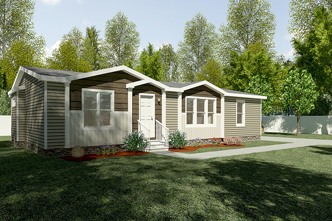 A tan mobile home with a paved walkway to the front door